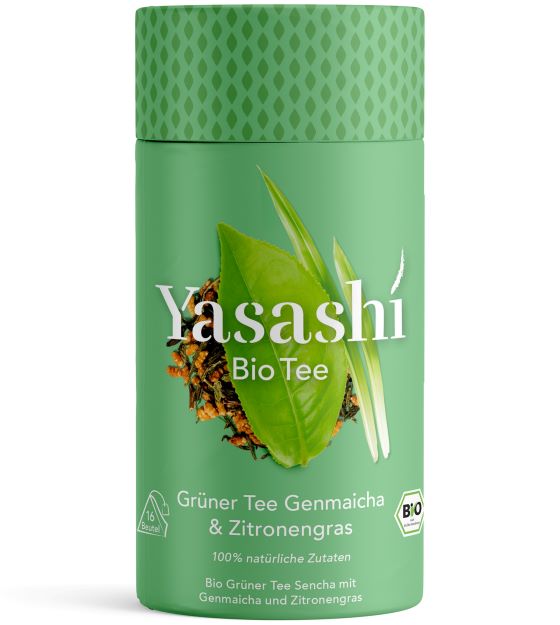 Yasashí Teedose in grün Bio Tee Grüner Tee Genmaicha & Zitronengras -  100 % natürliche Zutaten