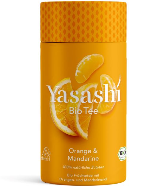 Yasashí Teedose in orange - Bio Früchtetee mit Orangenöl und Mandarinenöl -  100 % natürliche Zutaten