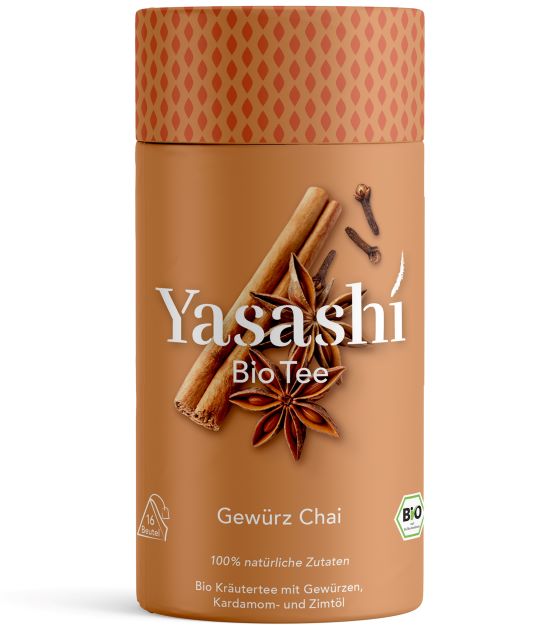 Yasashí Teedose - Bio Chai Kräutertee mit Gewürzen Kardamom und Zimtöl -  100 % natürliche Zutaten