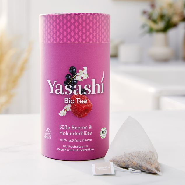 Yasashí Teedose in lila und Pyramiden Teebeutel - Bio Früchtetee mit Beeren und Holunderblüten